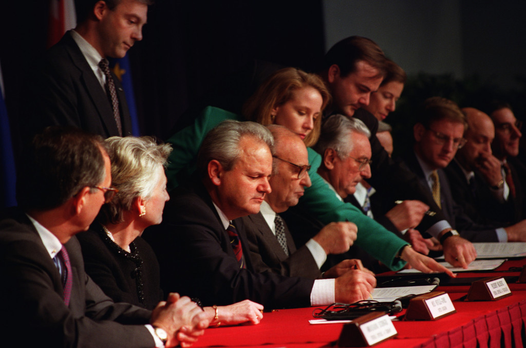 WRIGHT-PATTERSON AFB, OHIO, Nov. 21, 1995 -- President Slobodan Milosevic of the Federal Republic of Yugoslavia, President Alija Izetbegovic of the Republic of Bosnia-Herzegovina, and President Franjo Tudjman of the Republic of Croatia sign the Dayton Peace Accords.  The Balkan Proximity Peace Talks were conducted at Wright-Patterson Air Force Base November 1-21, 1995.  The talks ended the conflict arising from the breakup of the Republic of Yugoslavia.  The Dayton Accords paved the way for the signing of the final General Framework Agreement for Peace in Bosnia and Herzegovina on December 14 at the Elysee Palace in Paris. (U.S. Air Force/Staff Sgt. Brian Schlumbohm)